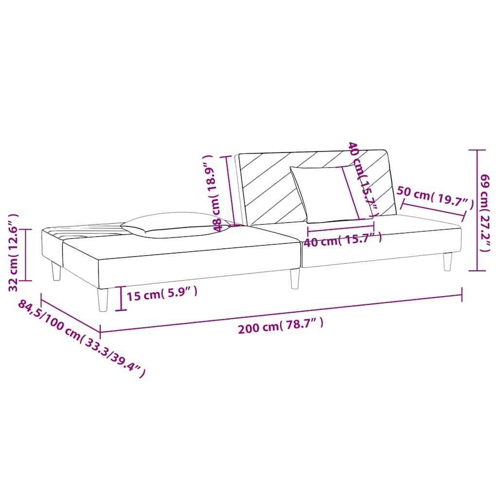 Canapé convertible 2 places avec 2 coussins en tissu marron