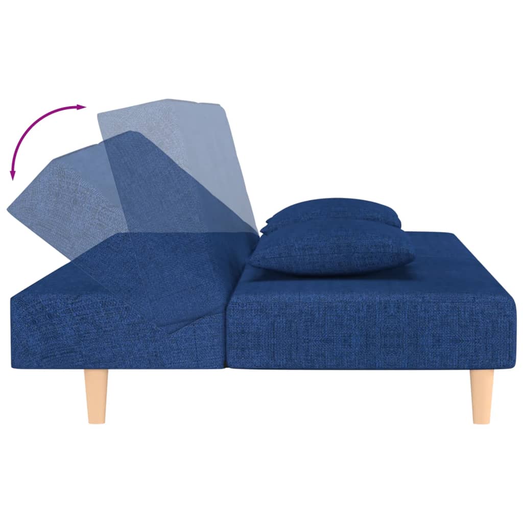 Canapé lit 2 places avec 2 coussins tissu bleu