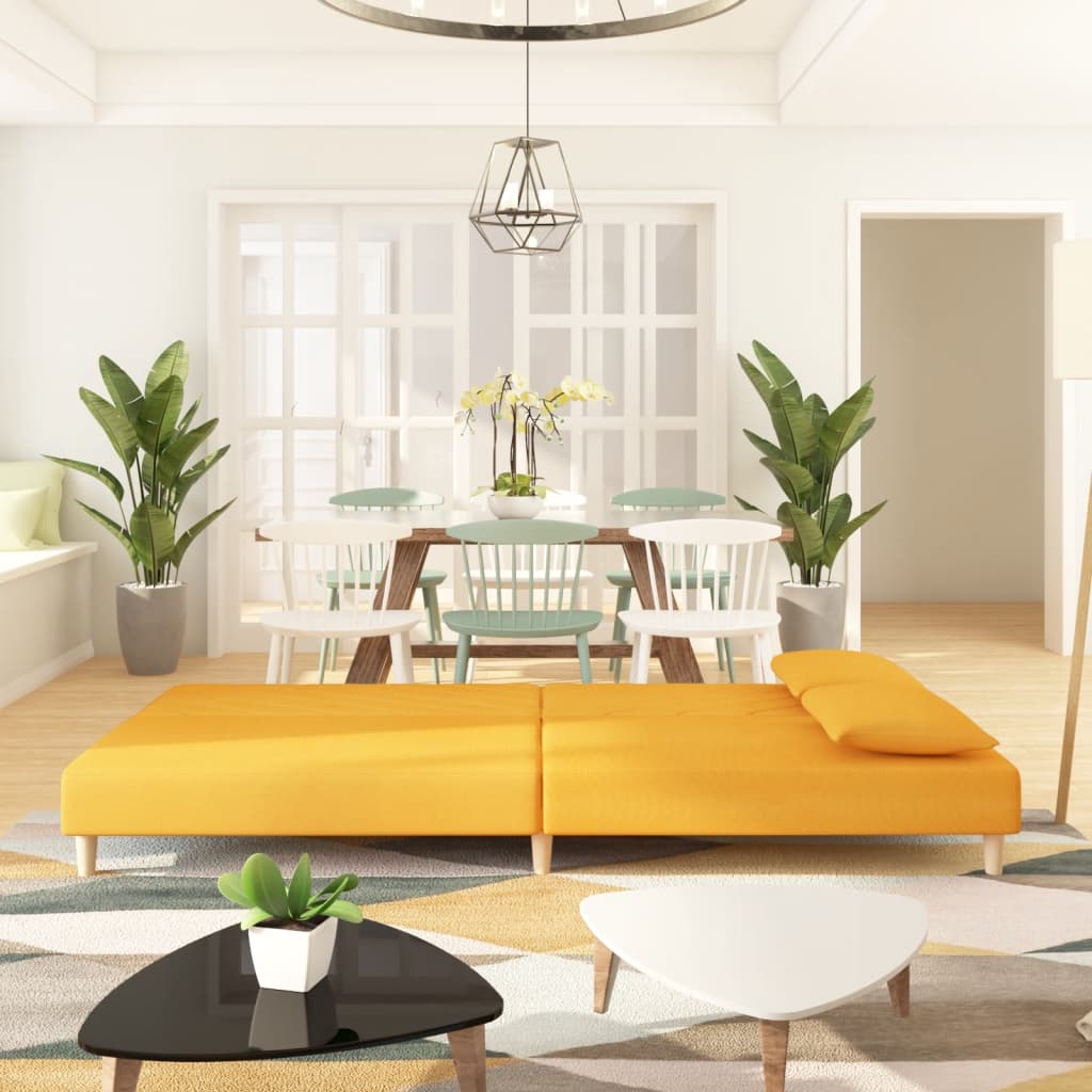 Canapé convertible 2 places avec 2 coussins en tissu jaune