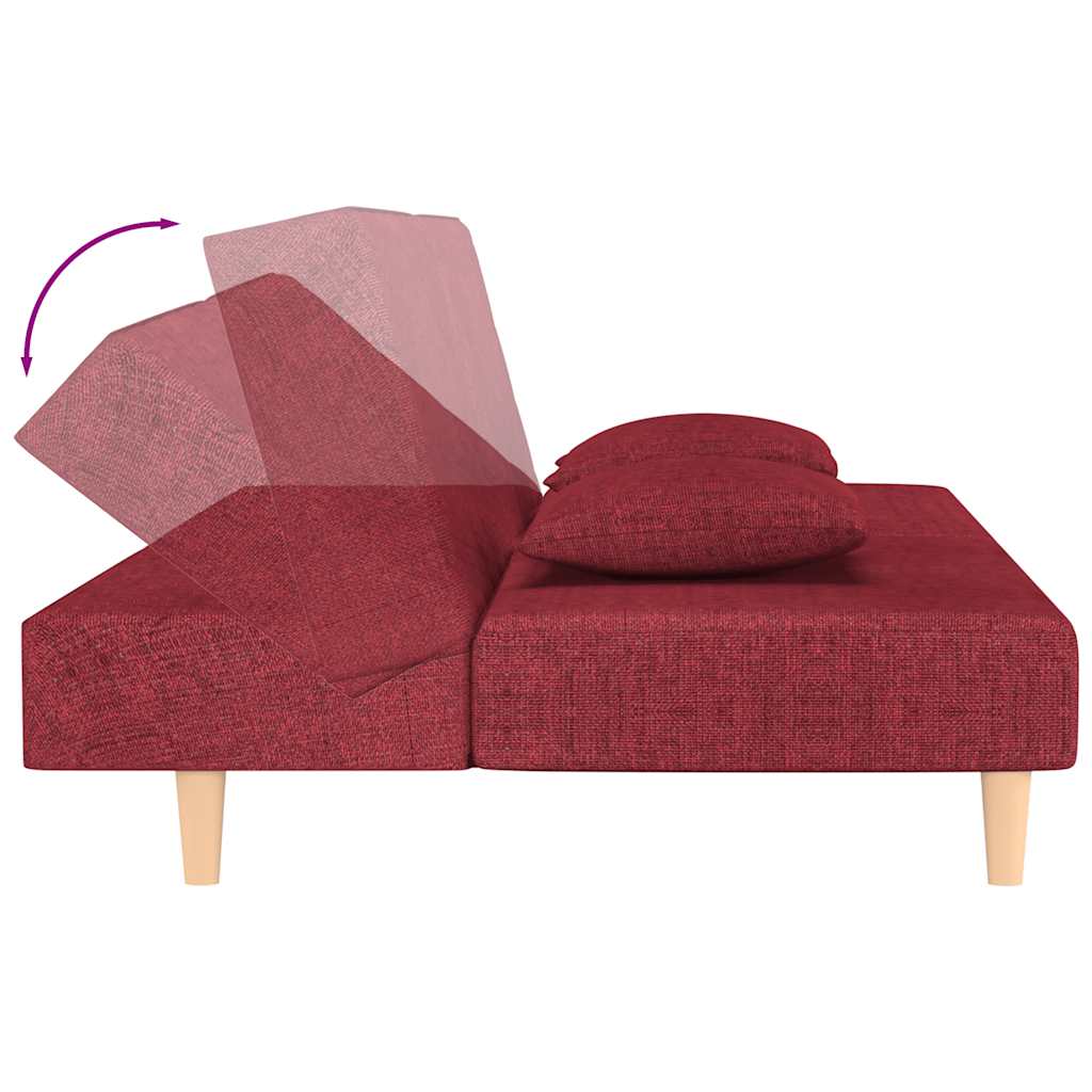 Canapé-lit 2 places avec 2 coussins en tissu rouge vin