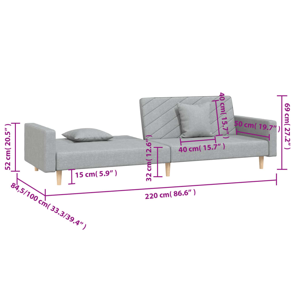 Sofa bed 2-seater with 2 pillows light gray fabric