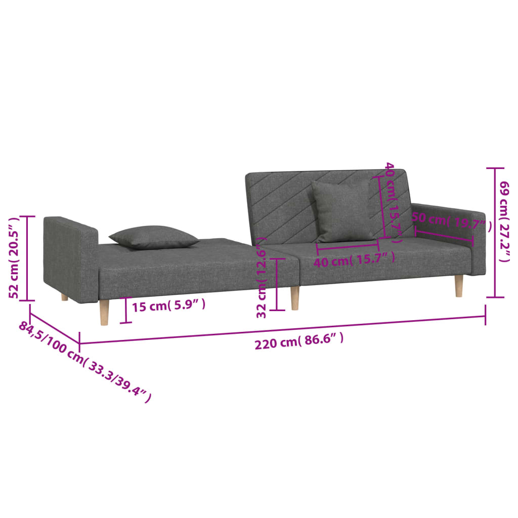 Sofa bed 2-seater with 2 pillows dark gray fabric