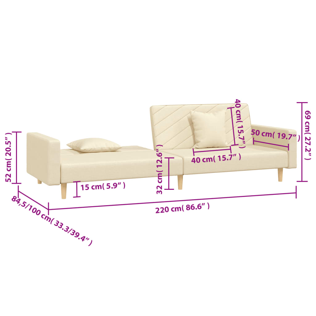 Canapé convertible 2 places avec 2 coussins en tissu crème