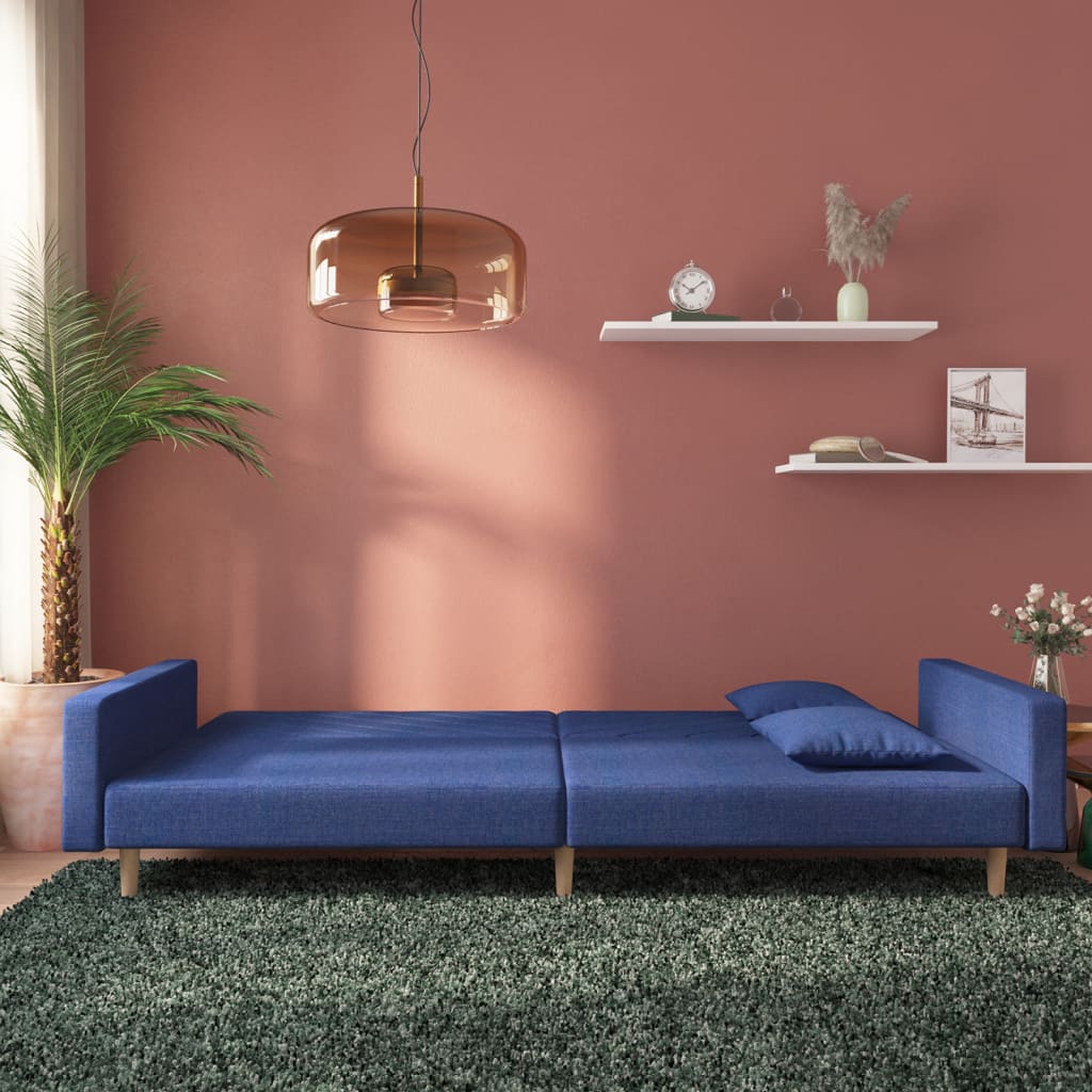 Canapé lit 2 places avec 2 coussins tissu bleu