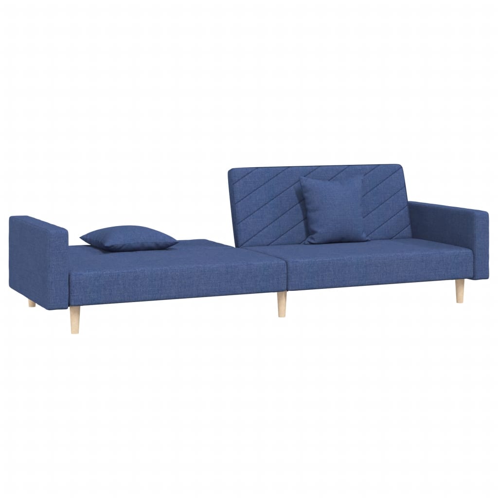 Canapé lit 2 places avec 2 coussins tissu bleu