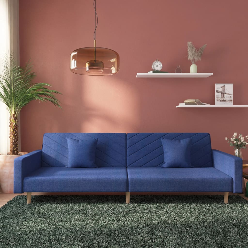 Canapé lit 2 places avec 2 coussins tissu bleu