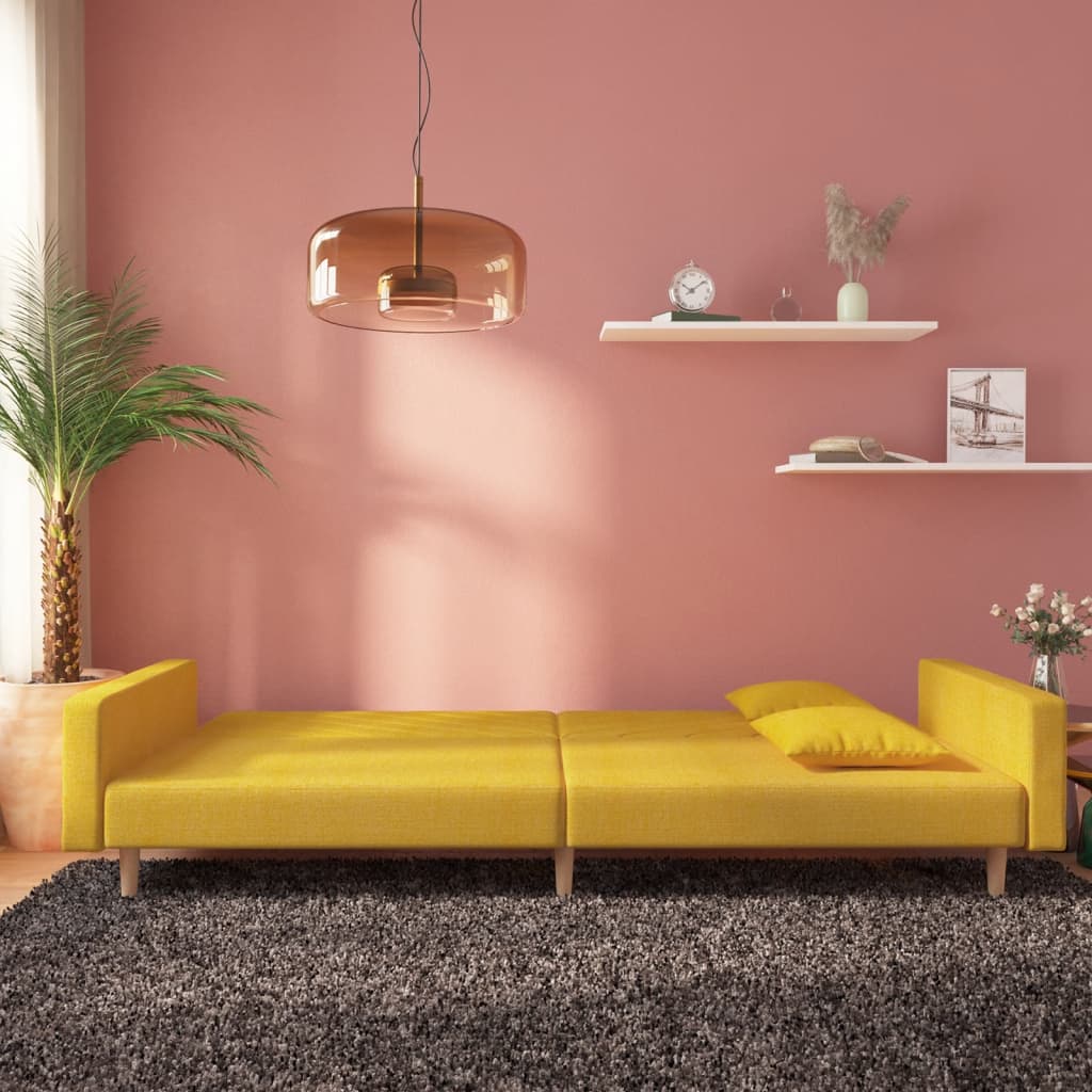 Canapé convertible 2 places avec 2 coussins en tissu jaune