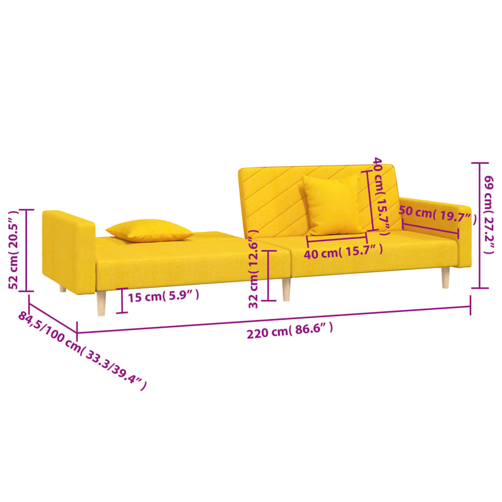 Canapé convertible 2 places avec 2 coussins en tissu jaune