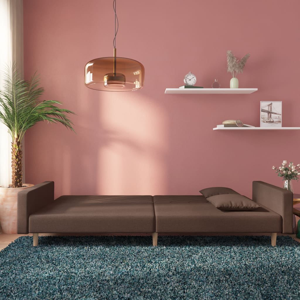 Canapé lit 2 places avec 2 coussins tissu taupe