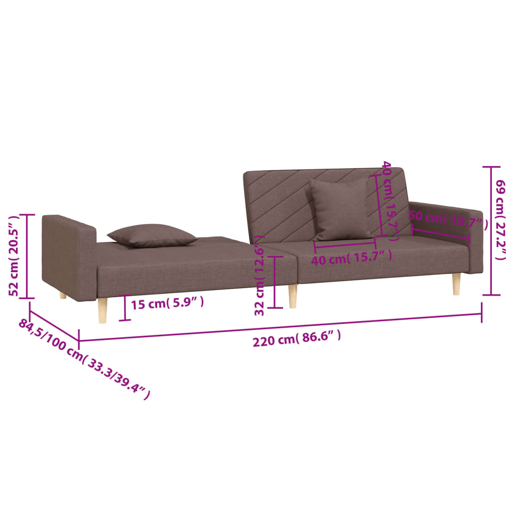 Canapé lit 2 places avec 2 coussins tissu taupe