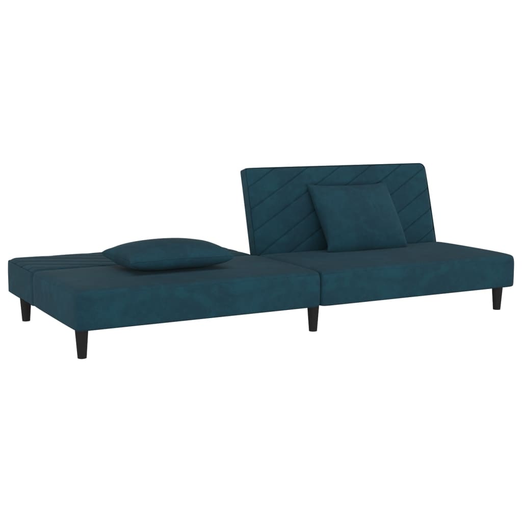Canapé convertible 2 places avec 2 coussins en velours bleu