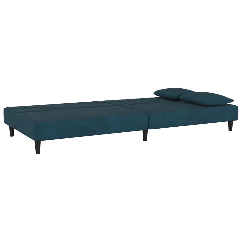 Canapé convertible 2 places avec 2 coussins en velours bleu