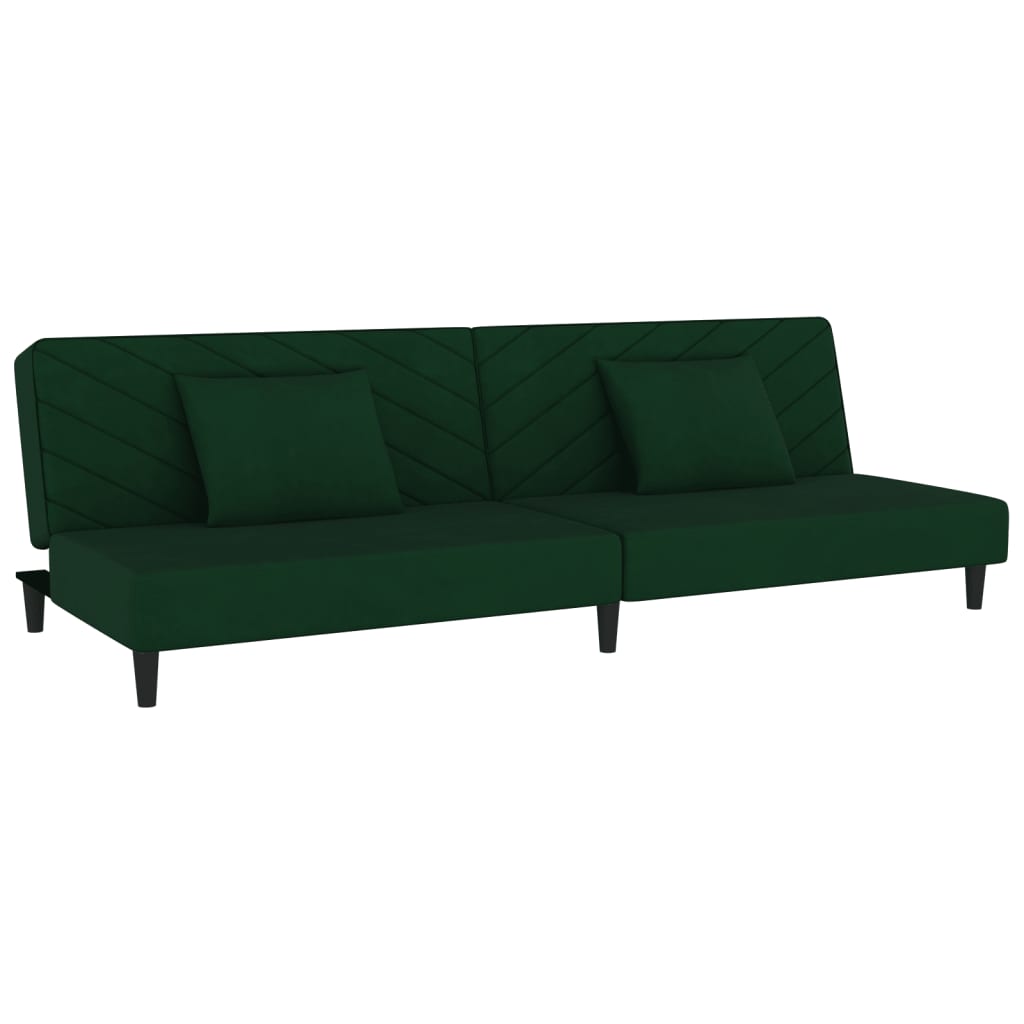 Canapé convertible 2 places avec 2 coussins en velours vert foncé