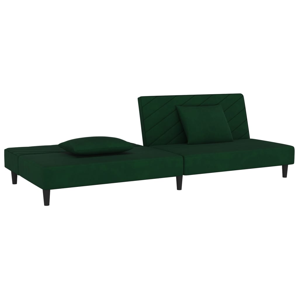 Canapé convertible 2 places avec 2 coussins en velours vert foncé