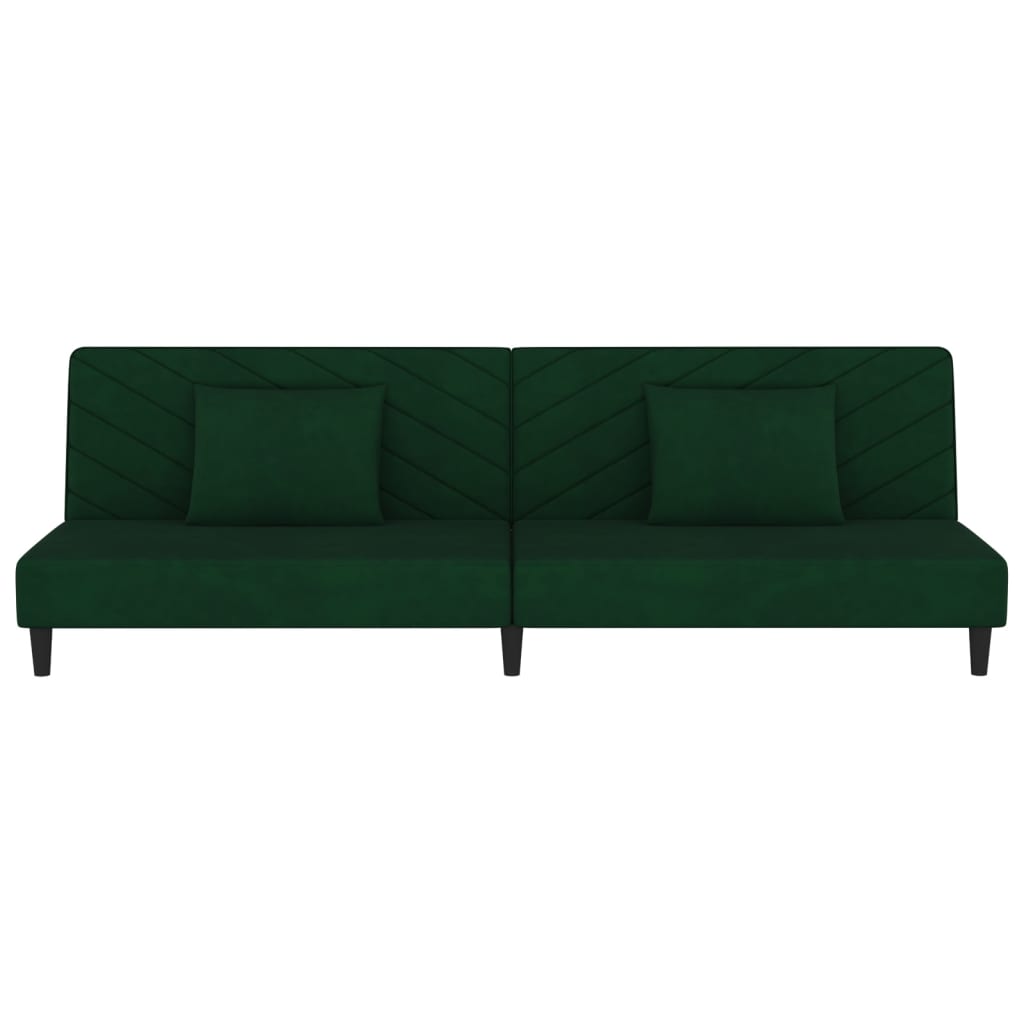 Canapé convertible 2 places avec 2 coussins en velours vert foncé
