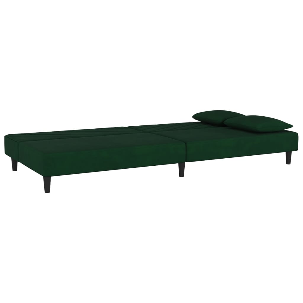 Canapé convertible 2 places avec 2 coussins en velours vert foncé