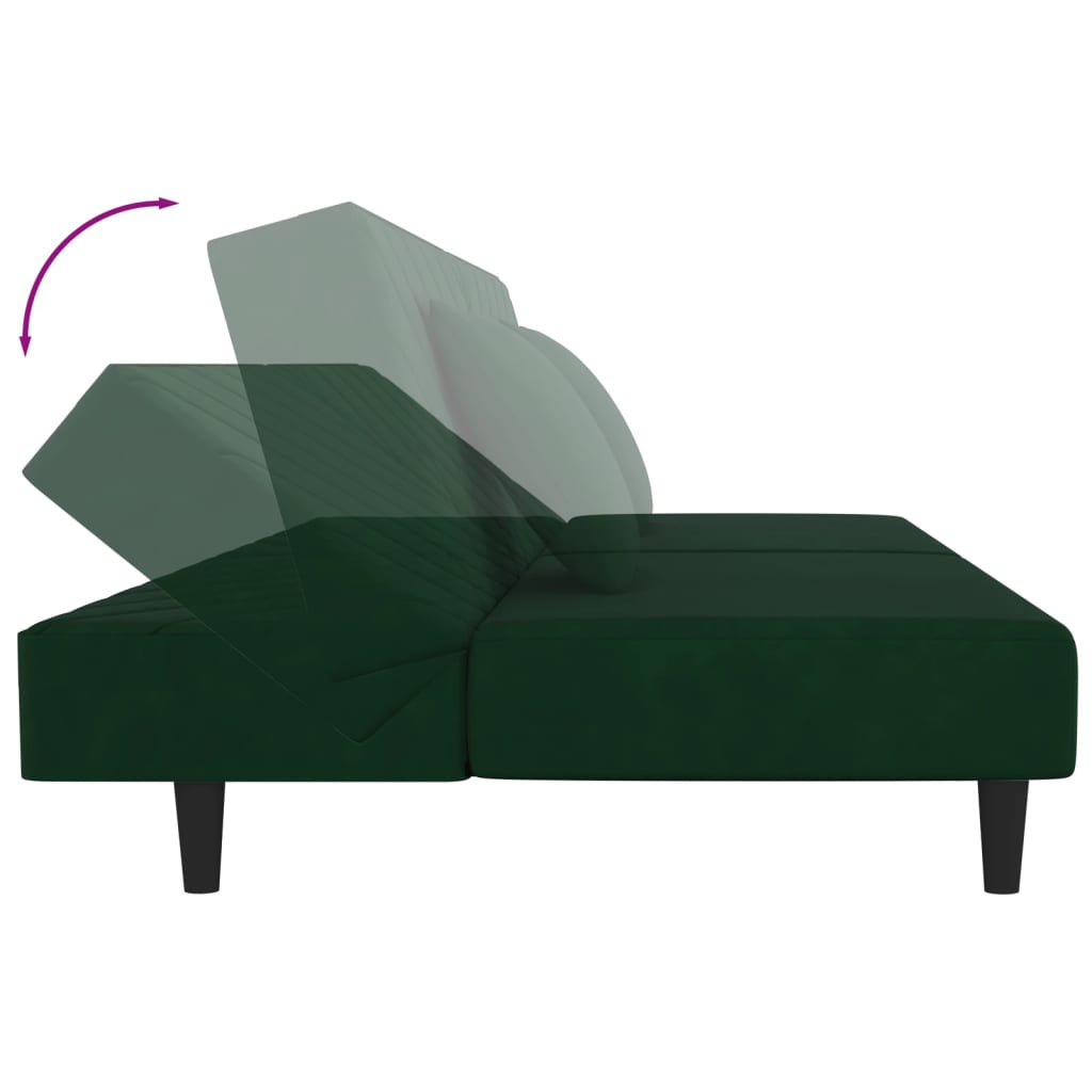 Canapé convertible 2 places avec 2 coussins en velours vert foncé