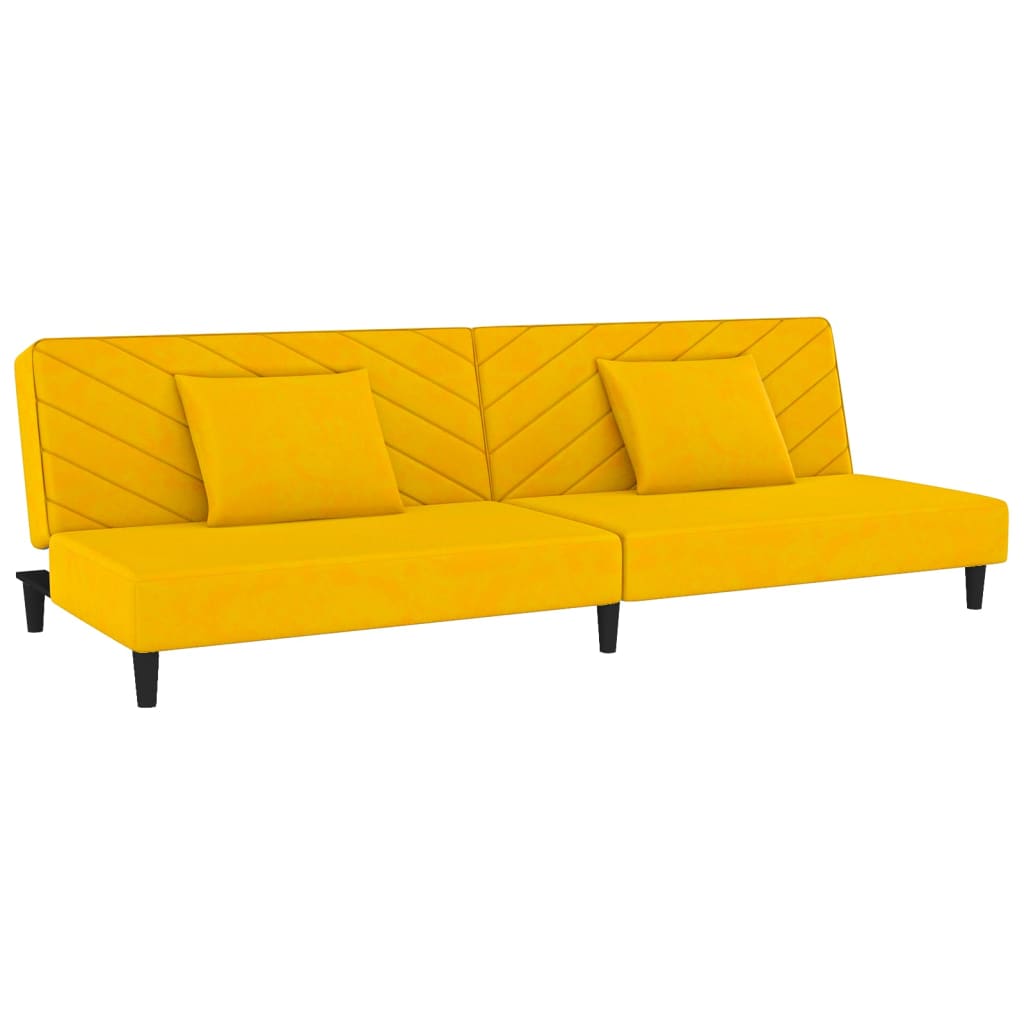 Canapé convertible 2 places avec 2 coussins en velours jaune