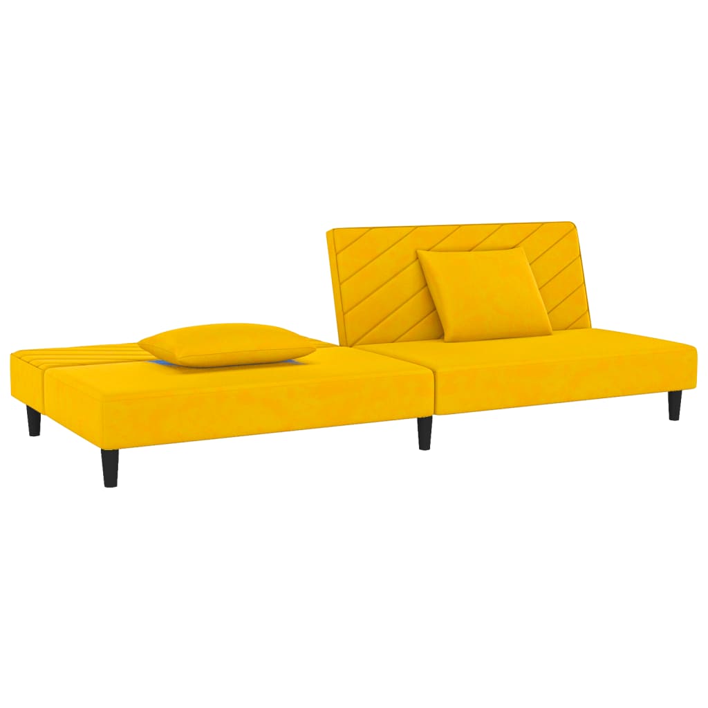 Canapé convertible 2 places avec 2 coussins en velours jaune