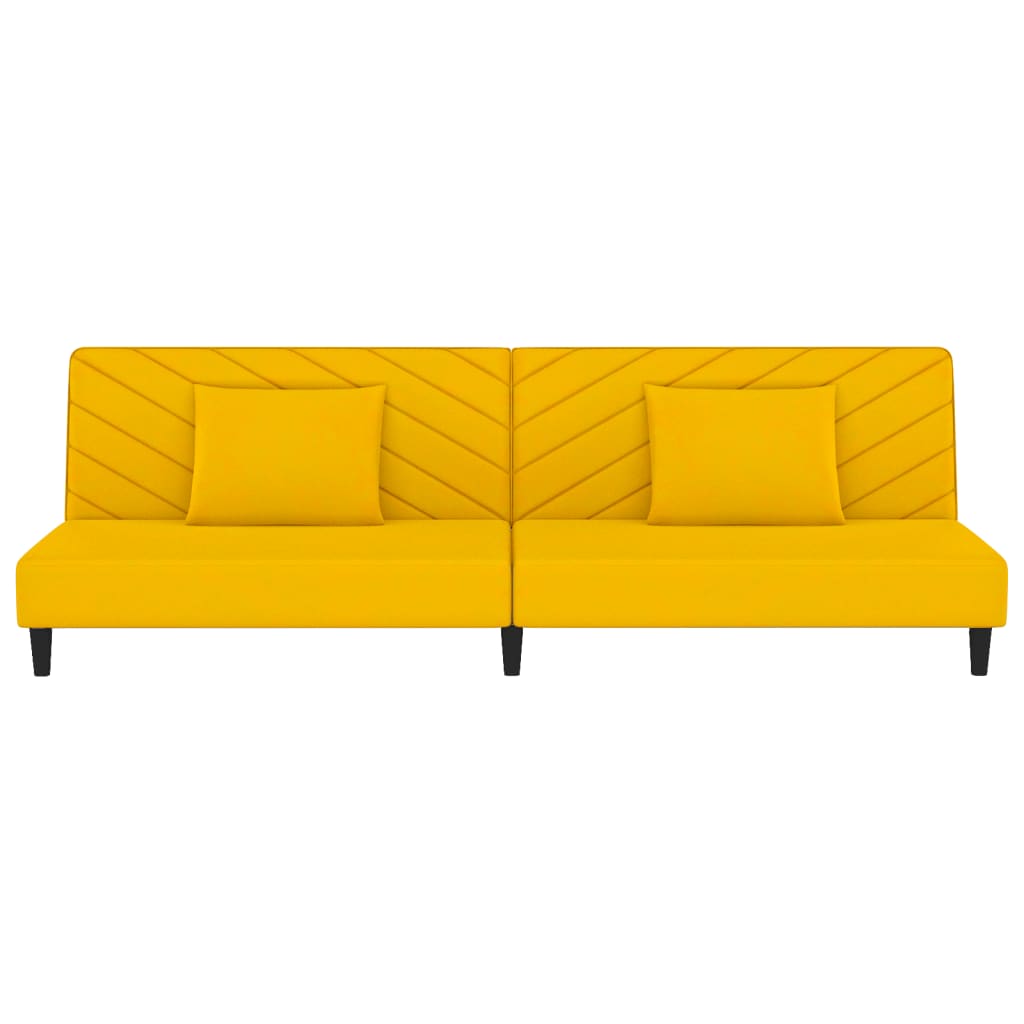 Canapé convertible 2 places avec 2 coussins en velours jaune