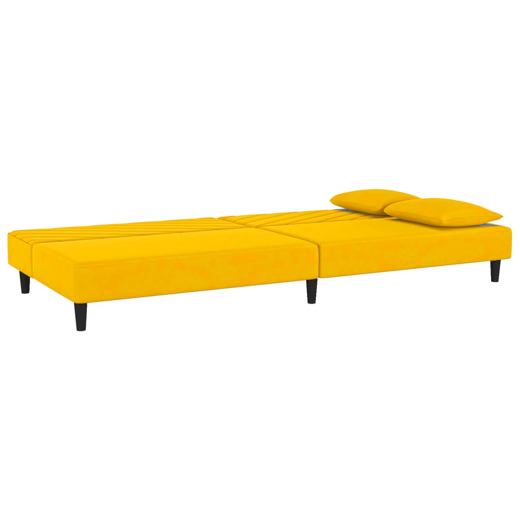 Canapé convertible 2 places avec 2 coussins en velours jaune