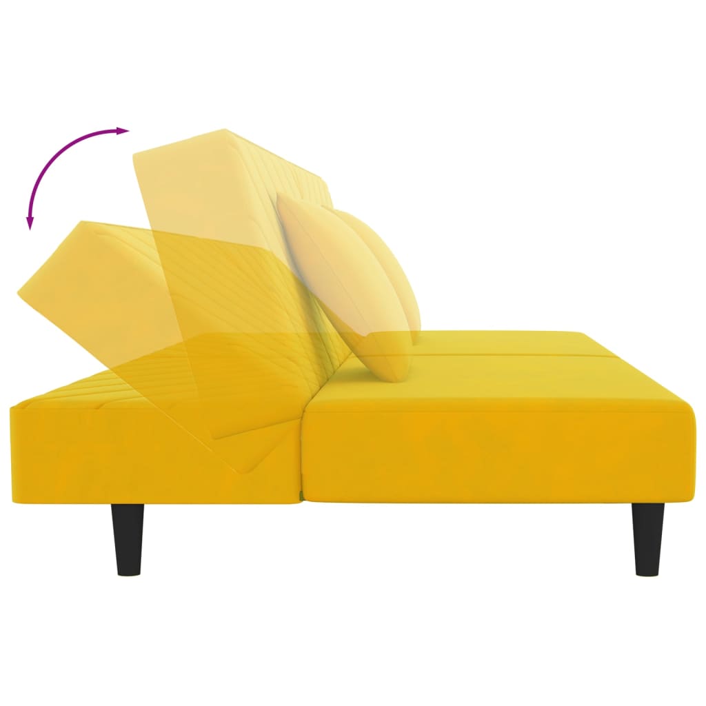 Canapé convertible 2 places avec 2 coussins en velours jaune