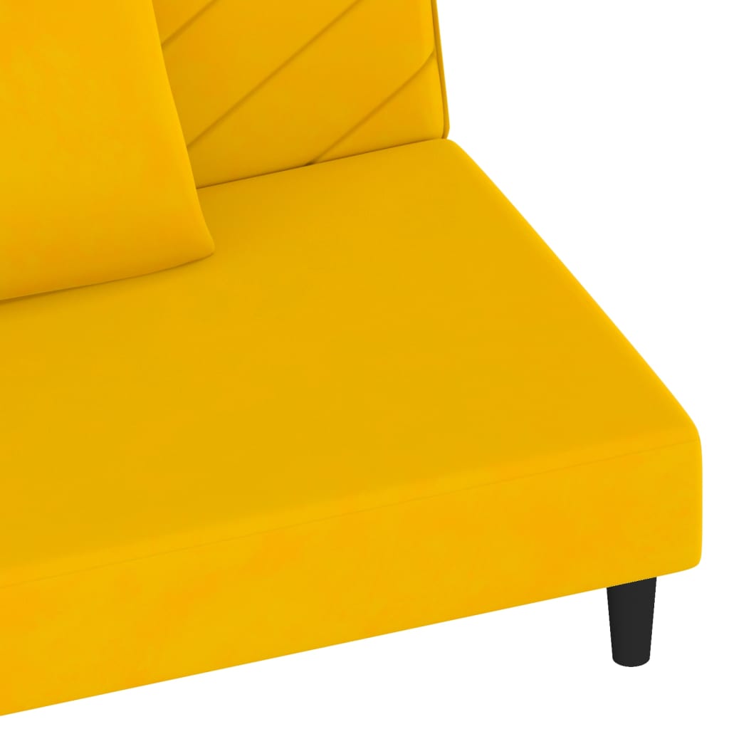 Canapé convertible 2 places avec 2 coussins en velours jaune