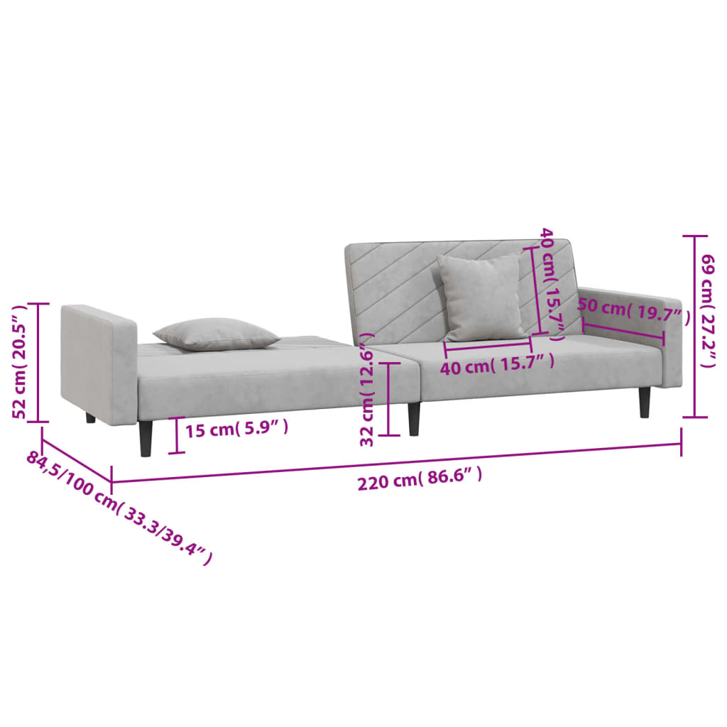Sofa Bed 2-Seater with 2 Pillows Light Grey Velvet