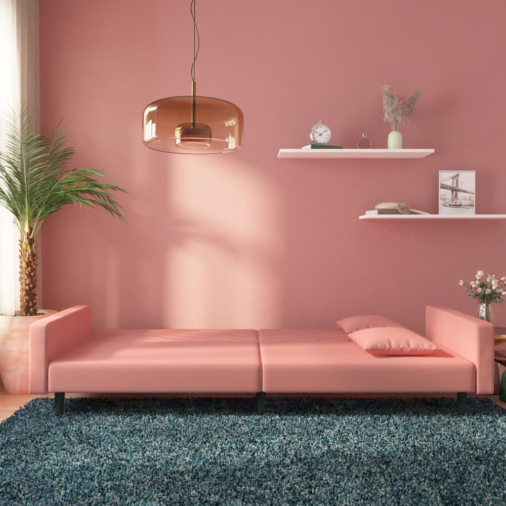 Canapé lit 2 places avec 2 oreillers velours rose