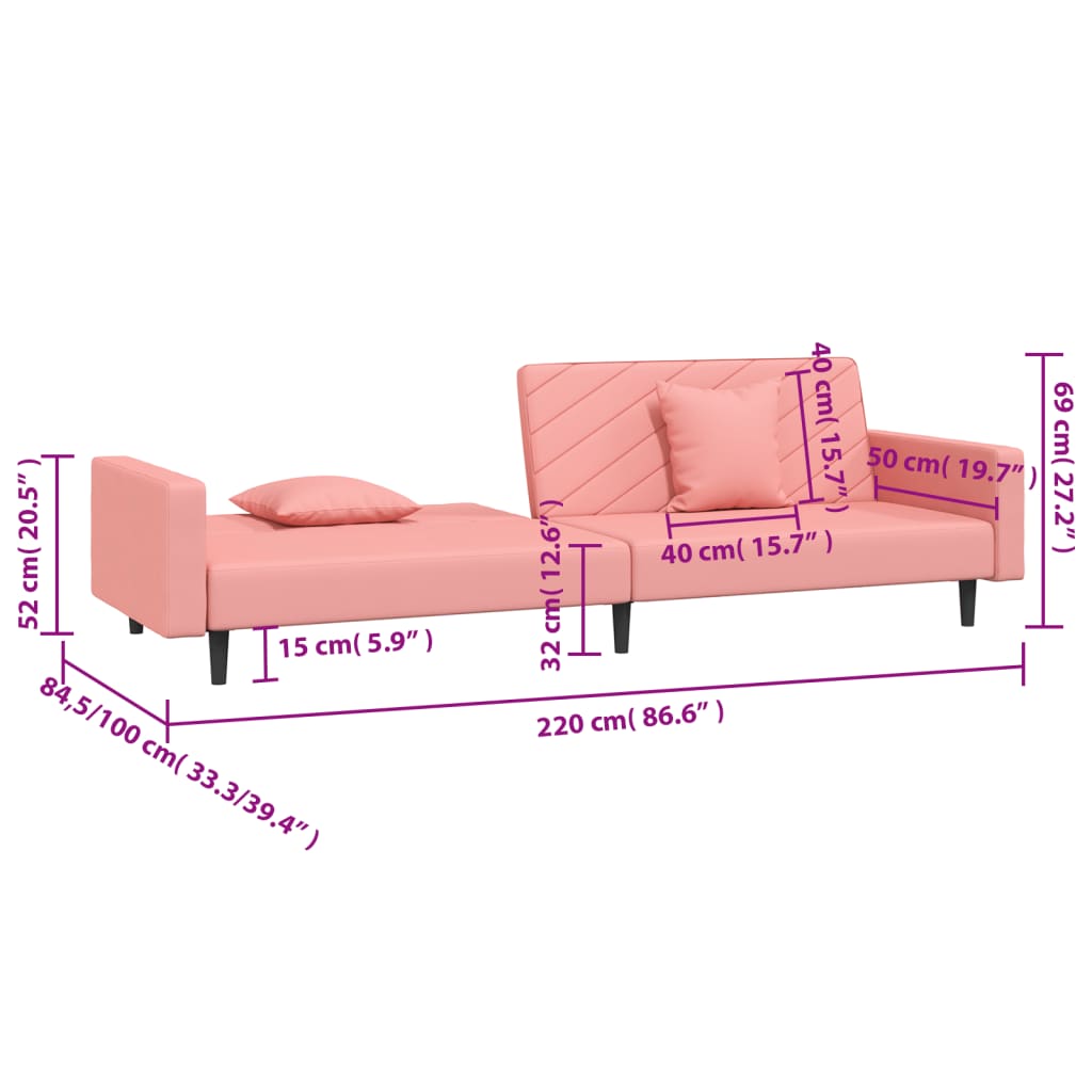 Canapé lit 2 places avec 2 oreillers velours rose