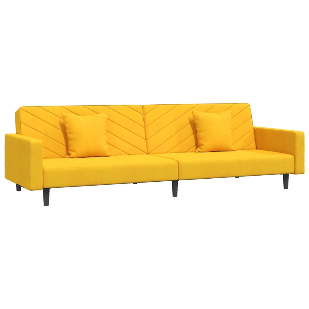 Canapé convertible 2 places avec 2 coussins en velours jaune