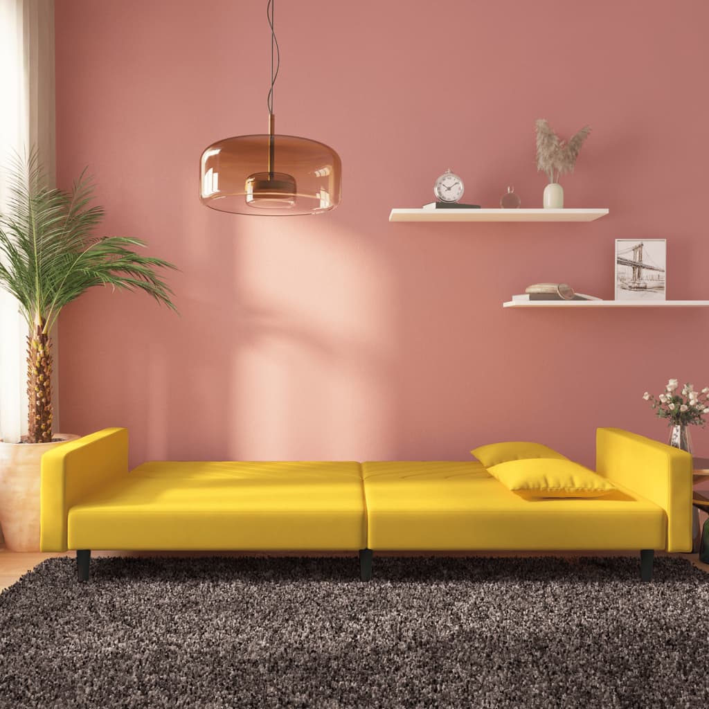 Canapé convertible 2 places avec 2 coussins en velours jaune