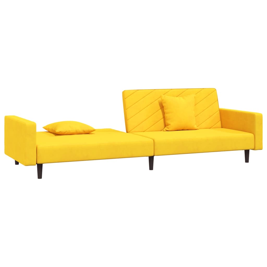 Canapé convertible 2 places avec 2 coussins en velours jaune