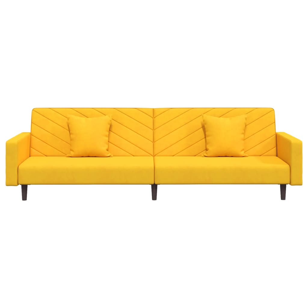 Canapé convertible 2 places avec 2 coussins en velours jaune
