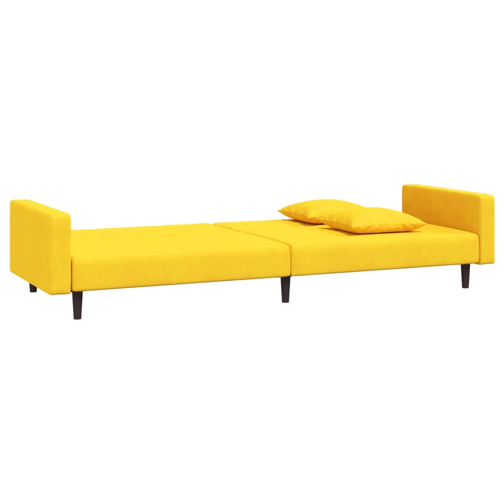 Canapé convertible 2 places avec 2 coussins en velours jaune