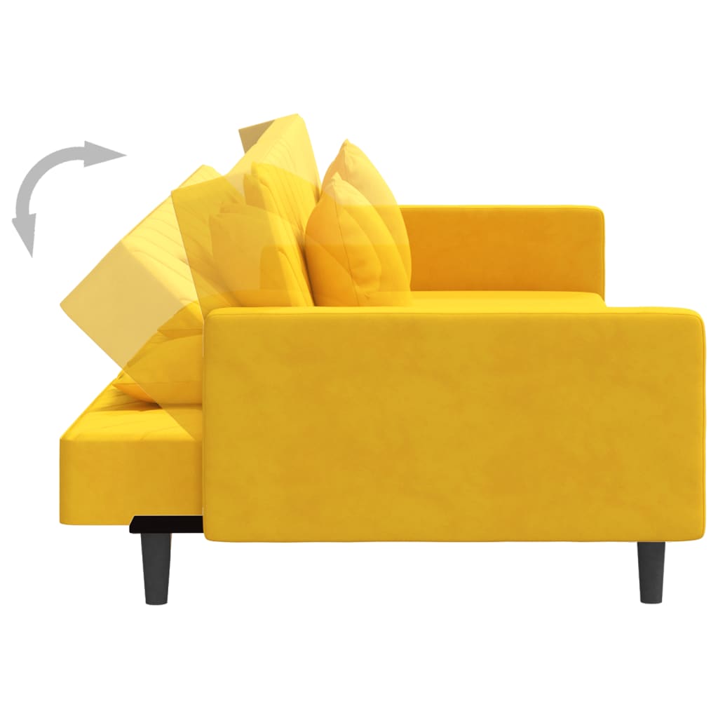 Canapé convertible 2 places avec 2 coussins en velours jaune