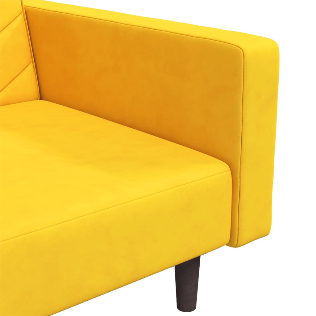 Canapé convertible 2 places avec 2 coussins en velours jaune