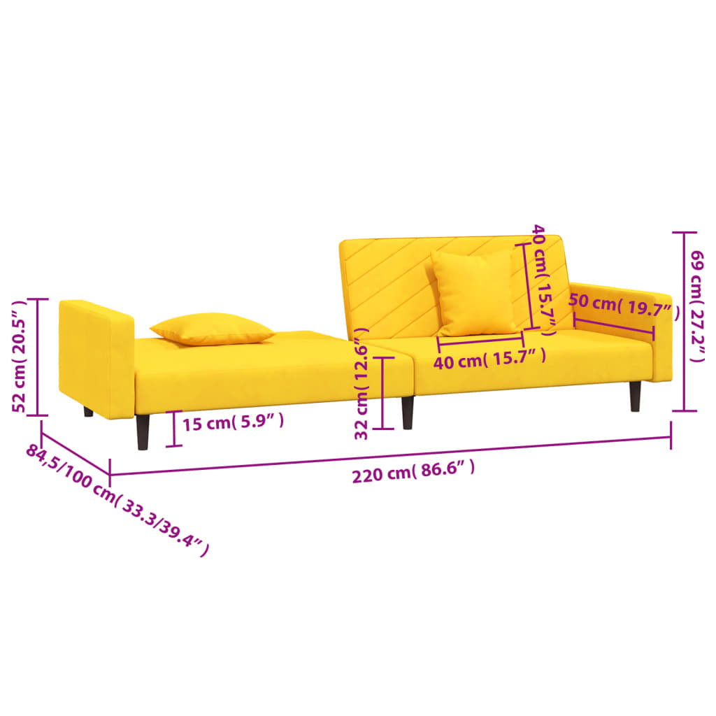 Canapé convertible 2 places avec 2 coussins en velours jaune