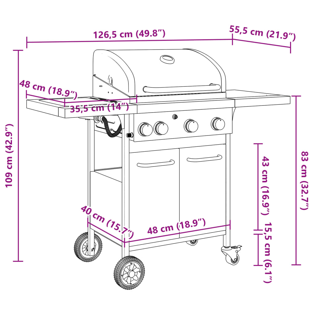 Gas grill with 4 burners Black powder-coated steel