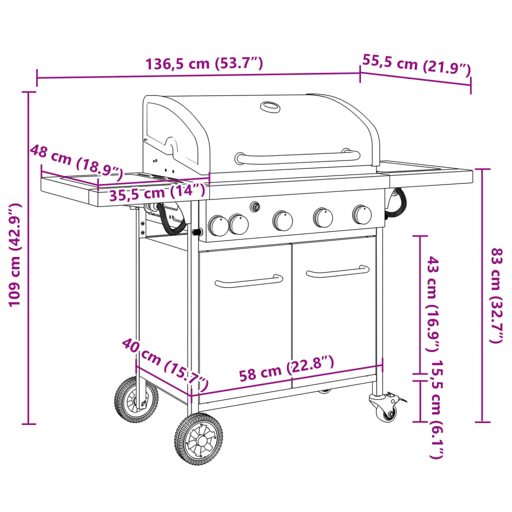 Gas grill with 5 burners Black powder-coated steel