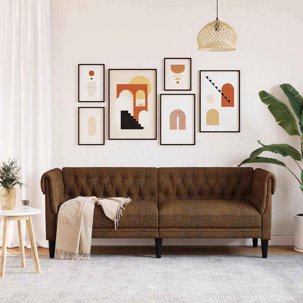 Canapé Chesterfield 3 places en tissu marron