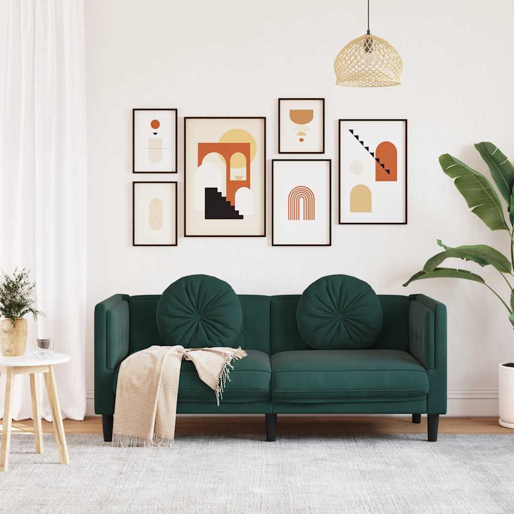 Sofa with cushions 2-seater dark green velvet