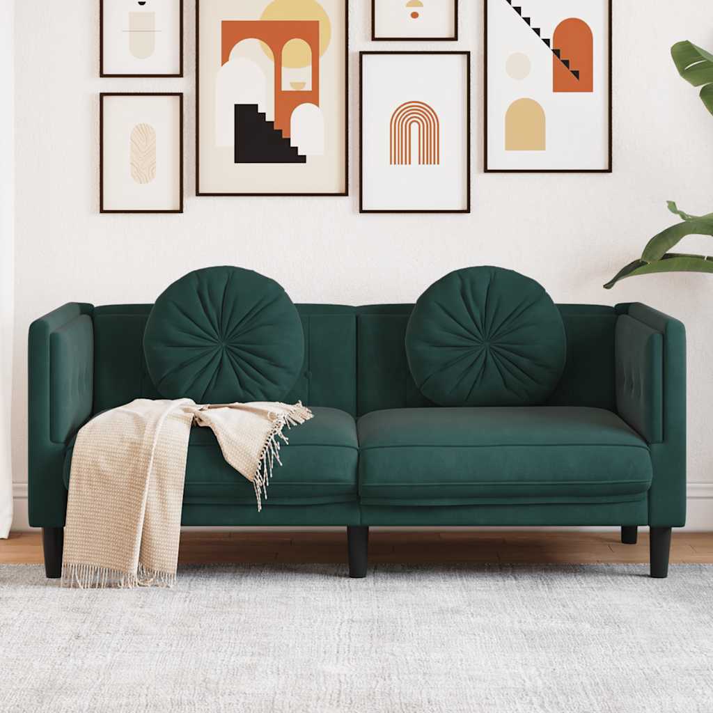 Sofa with cushions 2-seater dark green velvet