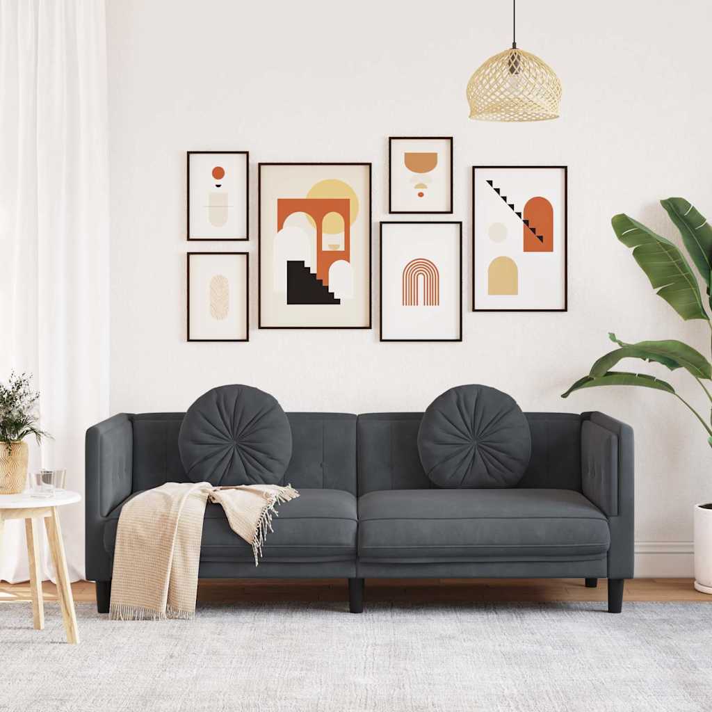 Canapé avec coussins 3 places en velours gris foncé