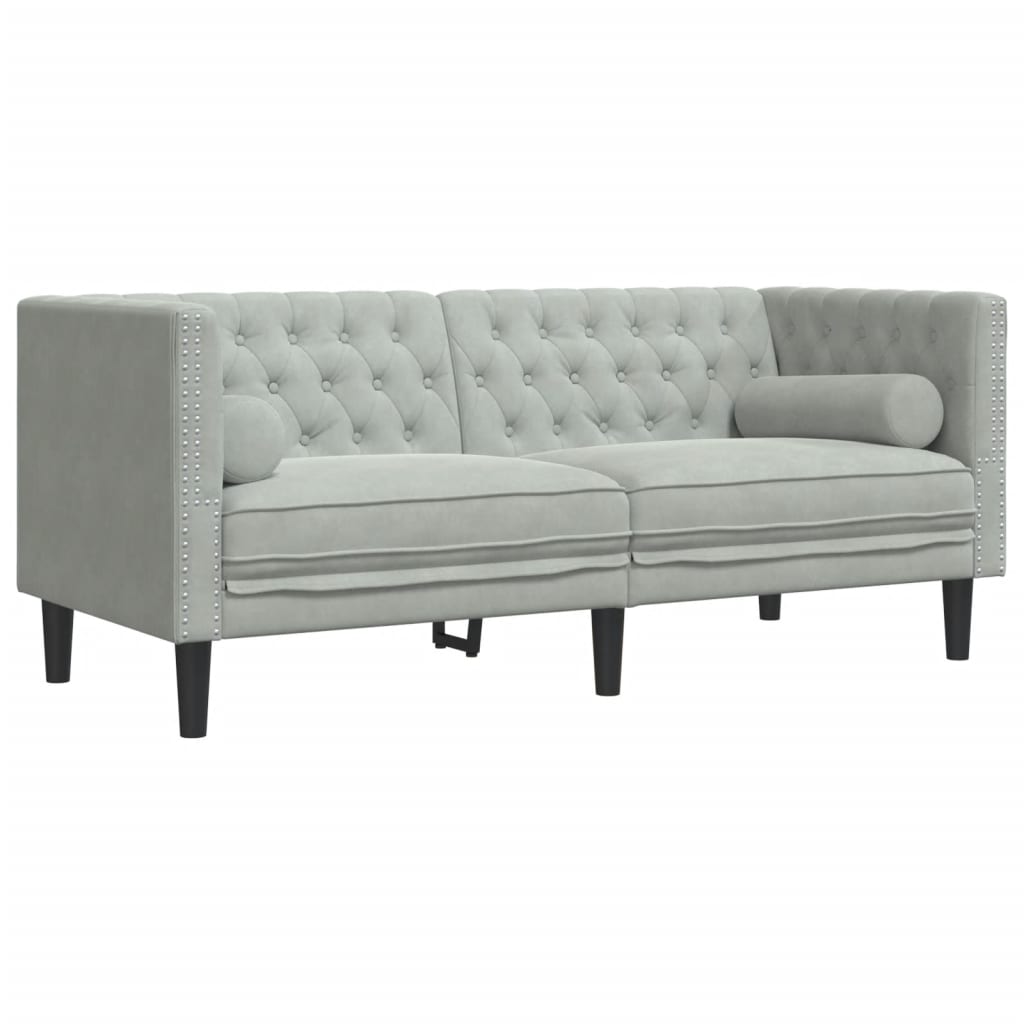 Canapé Chesterfield avec traversins 2 places velours gris clair