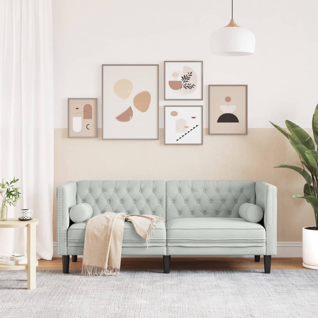 Canapé Chesterfield avec traversins 2 places velours gris clair