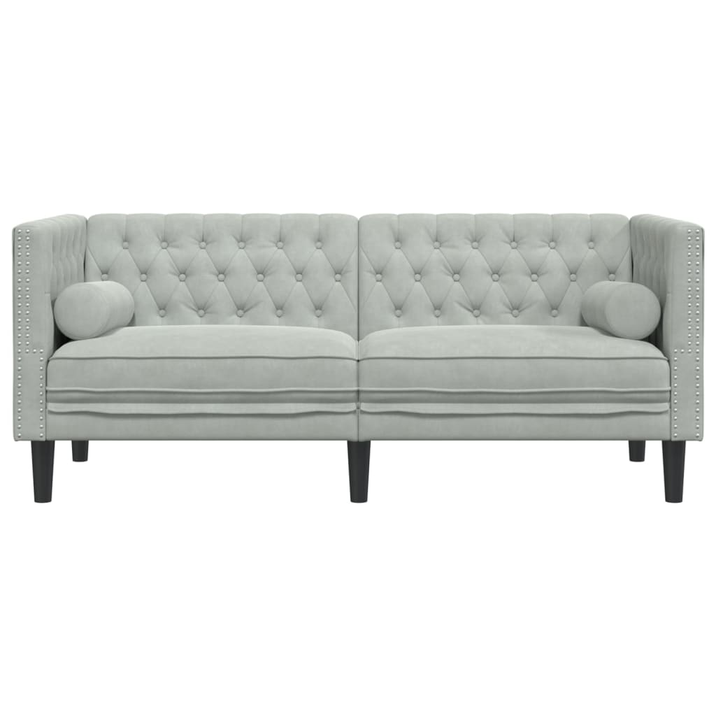 Canapé Chesterfield avec traversins 2 places velours gris clair
