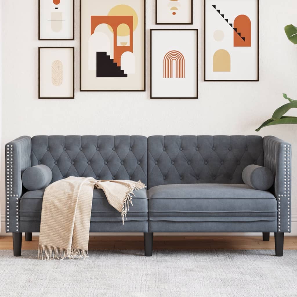Canapé Chesterfield avec traversins 2 places velours gris foncé