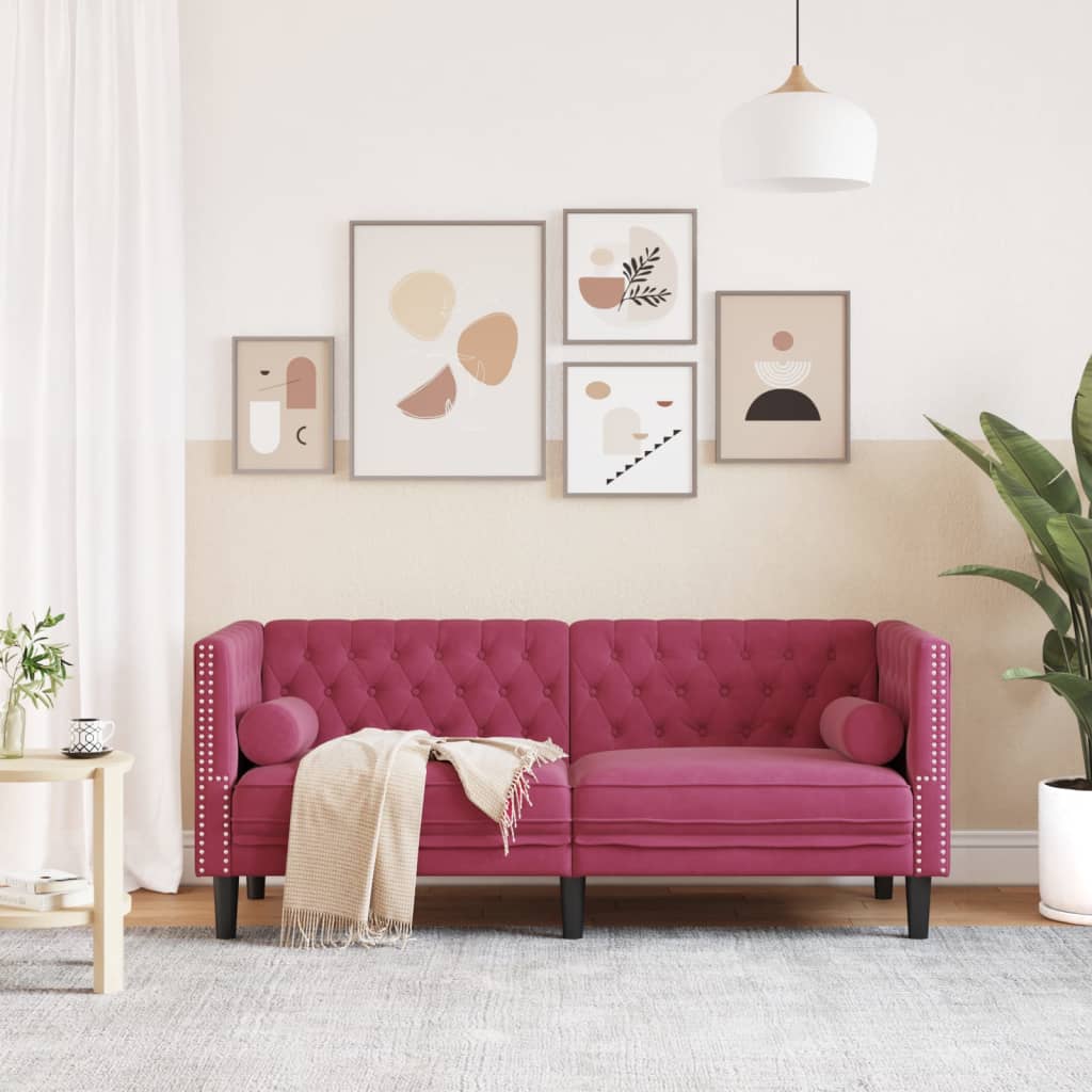 Canapé Chesterfield avec traversins 2 places velours bordeaux