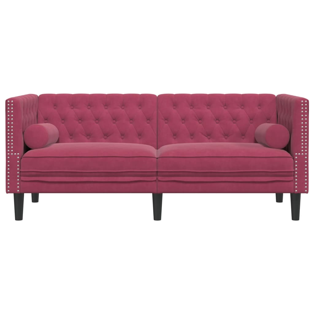 Canapé Chesterfield avec traversins 2 places velours bordeaux